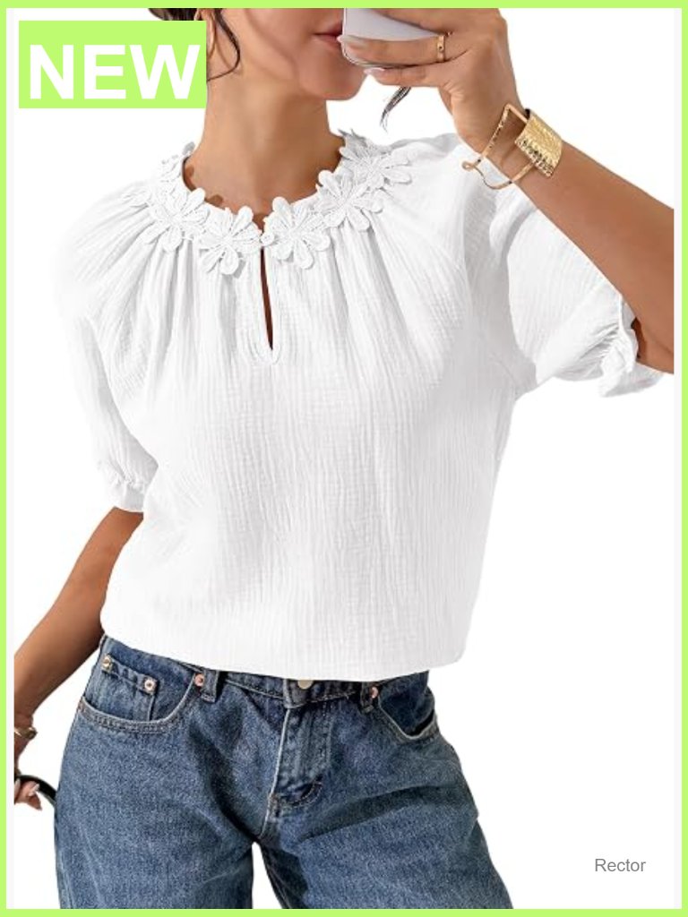 Womens Lace Puff Short Sleeve Blouse Dressy Casual Cotton Top